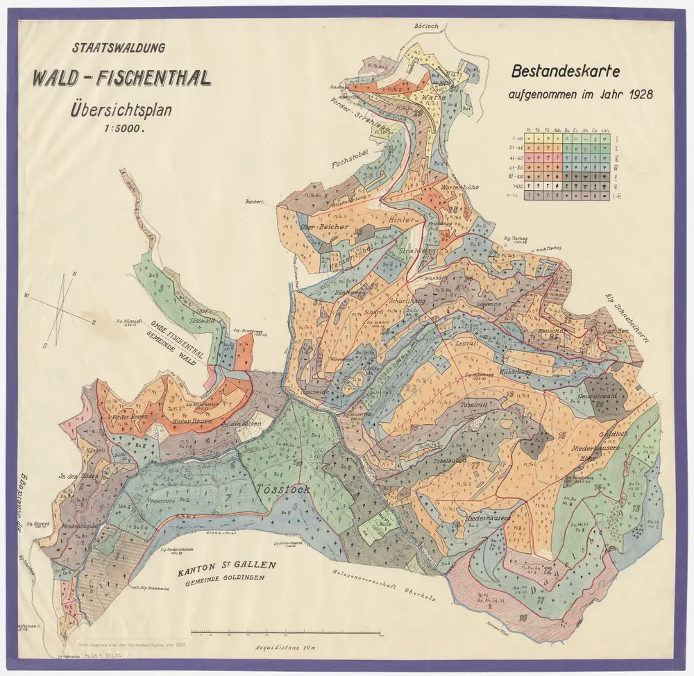 Wald, Fischenthal, Goldingen SG: Waldungen: Wald, Fischenthal: Staatswaldungen Warten, Schürli, Hübschegg, Dägelsberg, Tösswald, Hüttkopf, Vorderhessen, Hinterhessen, Tössstock; Übersichtsplan (Bestandeskarte)