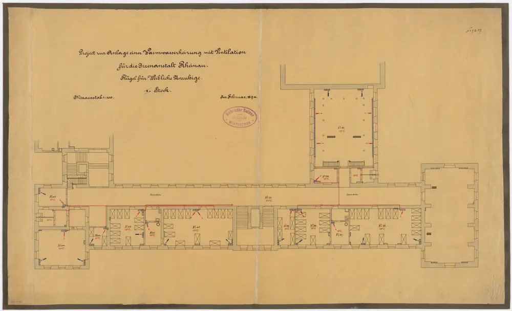 Pflegeanstalt Rheinau: Frauenabteilung, Abteilung für Unruhige, projektierte Warmwasserheizung mit Ventilation, 2. Stock; Grundriss