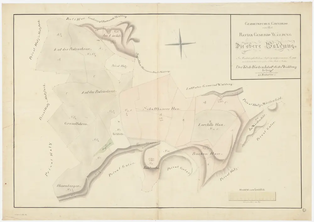 Rafz, Jestetten (Deutschland), Lottstetten (Deutschland): Gemeindewaldung Rafz: Rafz: Obere Waldung mit Löchli, Rosenebni (Rosenebne), Grundforen (Grundfohren), Chüestelli (Kühstelle), Schaffhuserhau (Schaffhauser Hau), Lerchenhau, Buechenhau (Buchenhau), Chnübrechi (Kniebreche), Hanenberger, Im wissen Feld (Weisenfeld); Grundriss