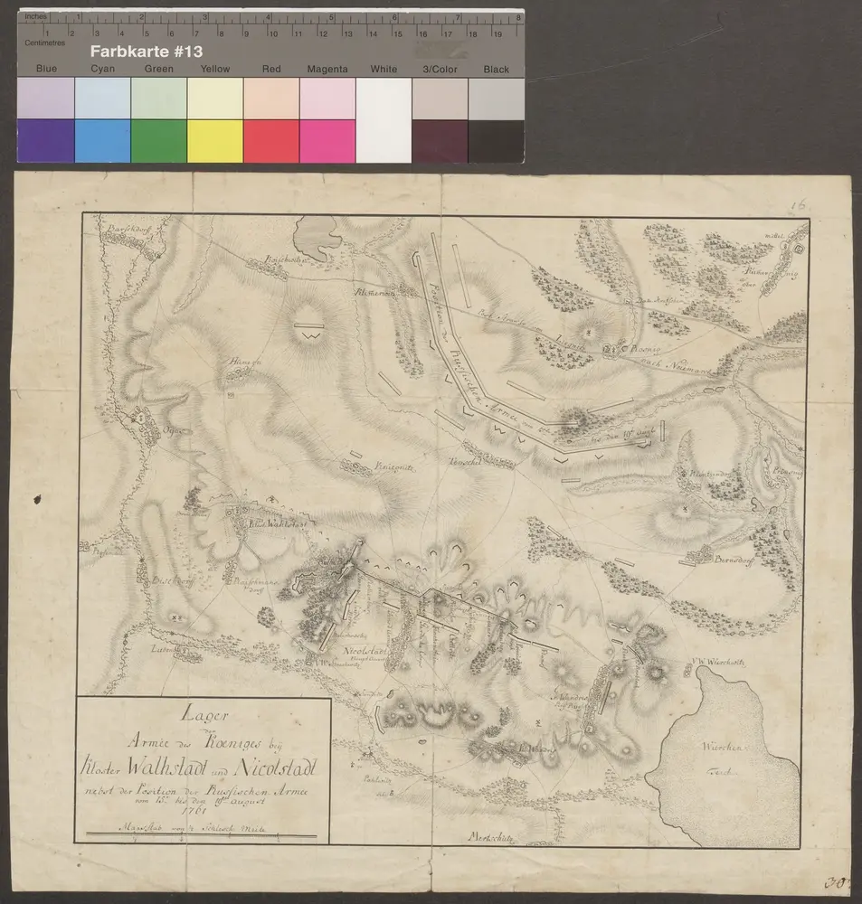 HZAN GA 100_Nr. 751_ : Walstadt und Nicolstadt; "Lager der Armee des Königs bei Kloster Walstadt und Nicolstadt";ohne Verfasser;1/2 schlesische Meile = 7,8 cm;29 x 25 cm;Kartenrand: Barschdorf-Koischwitz-Kummernig; Oyas-Rosenau-Bischdorf; Mertschütz-Würchenteich; Prinsnig-Bernsdorf-Vorwerk Würchwitz;Papier; Federzeichnung mit Schraffen und Punktierungen; Truppenstellungen eingezeichnet.