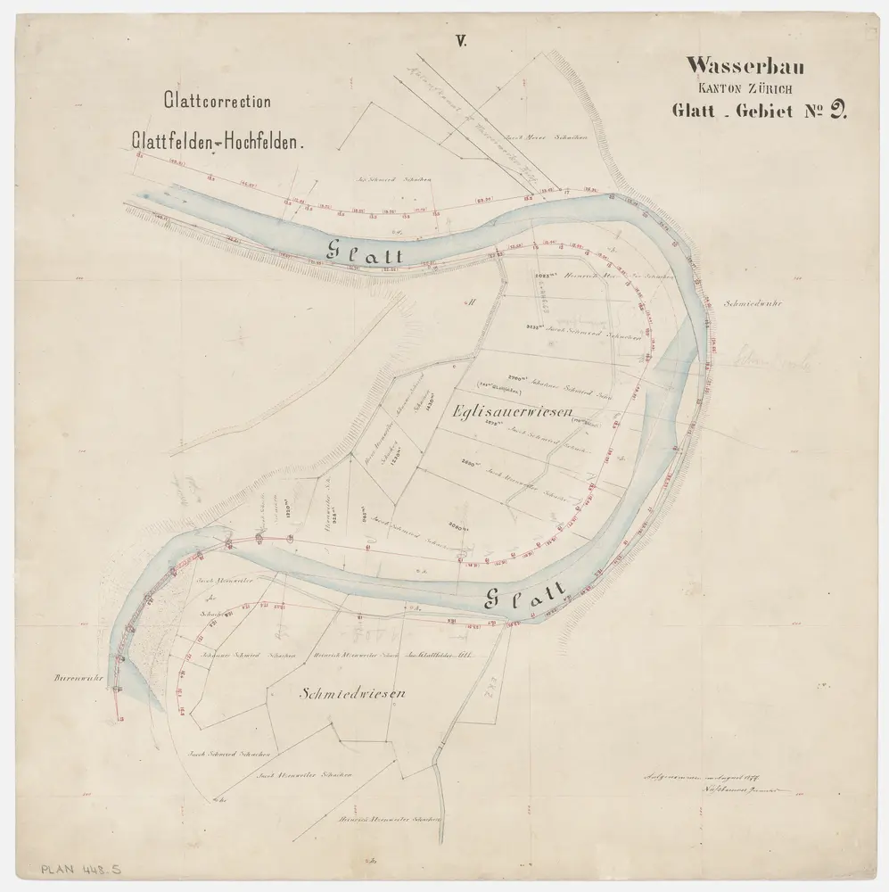 Bülach, Hochfelden, Glattfelden: Hochfelden bis zur Einmündung in den Rhein, Glattkorrektion; Grundrisse (Glatt-Gebiet Nr. 9): Blatt V: Eglisauerwiesen in Hochfelden, Glattkorrektion; Grundriss (Glatt-Gebiet Nr. 9)