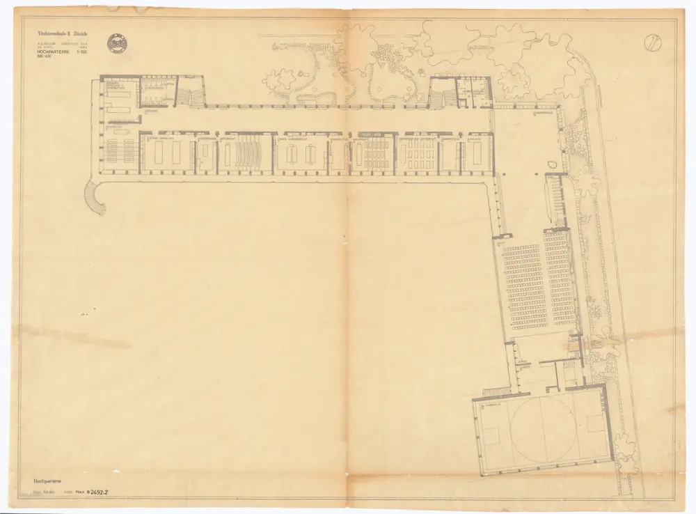 Töchterschule Hottingen: Ansichten und Grundrisse: Hochparterre; Grundriss