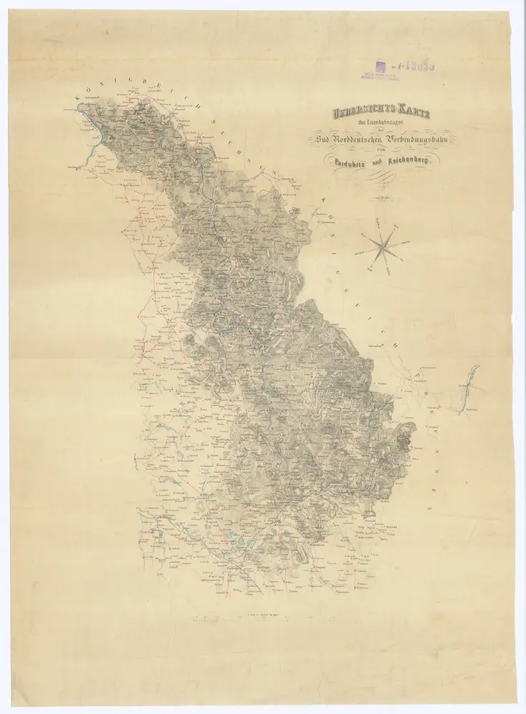 Uebersichts-Karte des Eisenbahnzuges der Süd-Norddeutschen Verbindungsbahn von Pardubitz nach Reichenberg