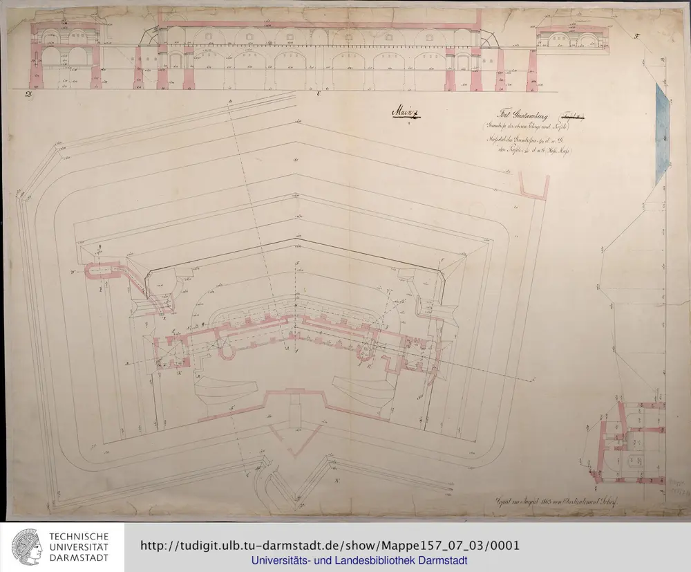 [Festung Mainz], Fort Gustavsburg (Grundriss der oberen Etage und Profile)