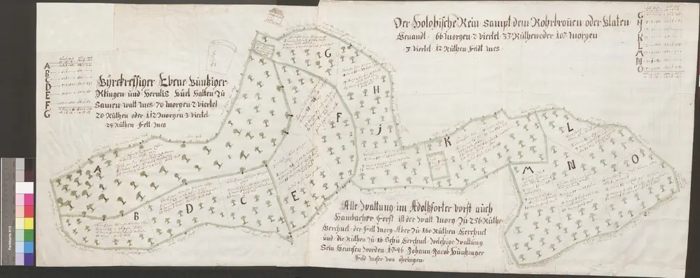 HZAN GA 100_Nr. 123_ : Herrentierbach (Kr. Crailsheim); "Markung Herrentierbach";Geometer Schaible;ohne Maßstab [30 cm = 1 km];157 x 111 cm;Papier auf Leinwand; Federzeichnung; Fluren, Häuser in Wasserfarben; Grundstücke nummeriert und mit Meßgehalt.