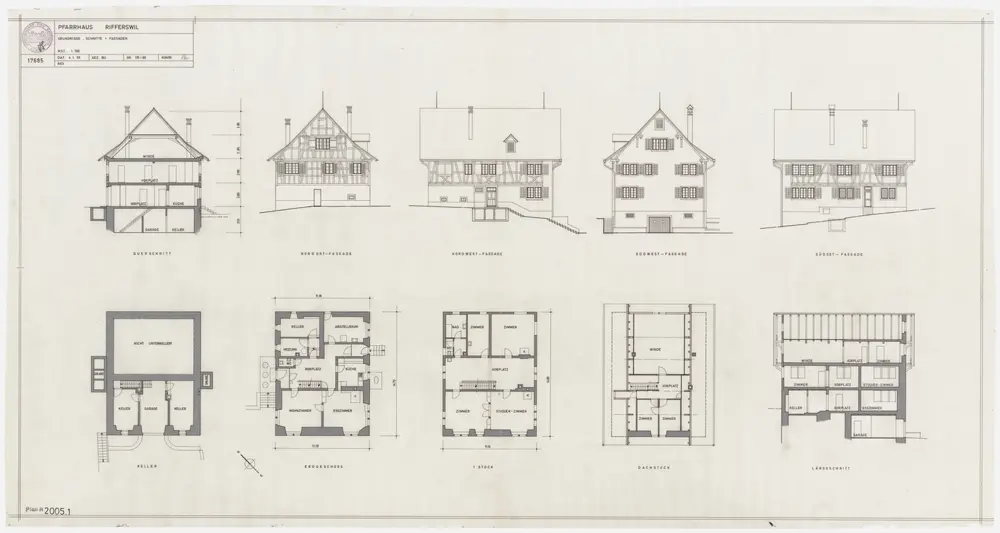 Rifferswil: Pfarrhaus, Nebengebäude und Gartenanlage: Pfarrhaus; Grundriss des Kellers, Erdgeschosses, 1. Stocks und Dachgeschosses, Nordost-, Nordwest-, Südwest- und Südostansichten, Längs- und Querschnitt