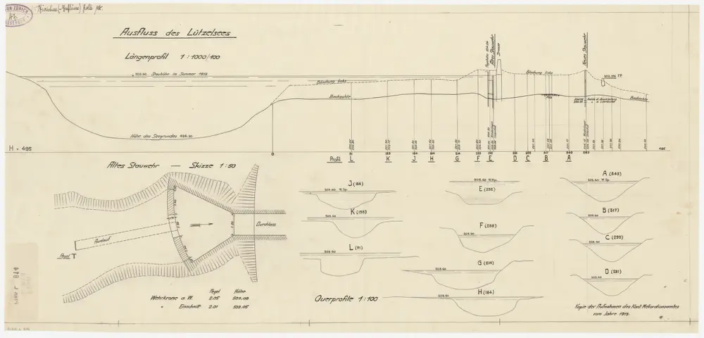 Hombrechtikon: Ausfluss des Lützelsees; Situationsplan, Längsprofil und Querprofile