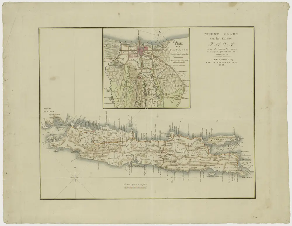 "Nieuwe kaart van het eiland Java." Met karton voorstellende een plan van "Batavia en omliggende landen."