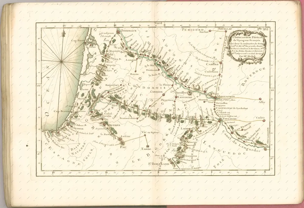 mapa z atlasu "L' Indicateur fidele, ou Guide des Voyageurs, qui enseigne Toutes les Routes Royales et Particulieres de la France, Routes levées Topographiquem dés le Commencement de ce Siécle, et Assujetties á une Graduation Géométrique, contenant Toutes les Villes, tous les Bourgs, Villages, Hameaux, Fermes, Chateaux, Abbayes, Communautés, Eglises, Chapelles, et autres Maisons Religieuses, les Moulins, les Hotelleries, les Justices, et les Limites des Provinces, les Fleuves, les Riviéres, les Ruißeaux,les Etangs, les Marais, les Ponts, les Gués, les Montagnes, les Bois, les Jardins, les Parcs, les Aveniies, et les Prairies traversés par les Grandes routes, et accompagné d'un Itinéraire Instructif et raisonné sur chaque Routes, qui donne le Jour et l ́heure du Départ, de la Dinée et de la Couchée tant des coches par Eau, que des carrosses, diligences et messageries du Royaume avec le Nombre des Lieues que ces différentes Voitures font chaque jour"