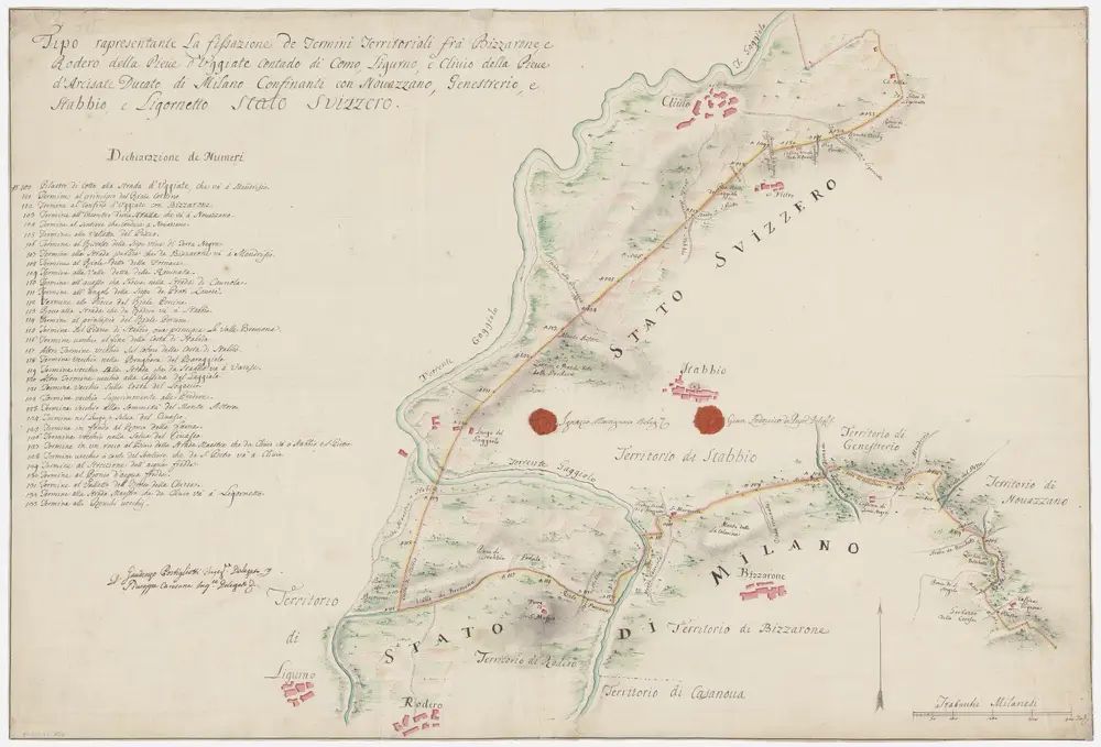 Strittige Grenze zwischen der Schweiz und dem Herzogtum Mailand bei Novazzano, Genestrerio, Stabio, Ligornetto, Bizzarone, Rodero, Ligurno und Clivio; Grundriss