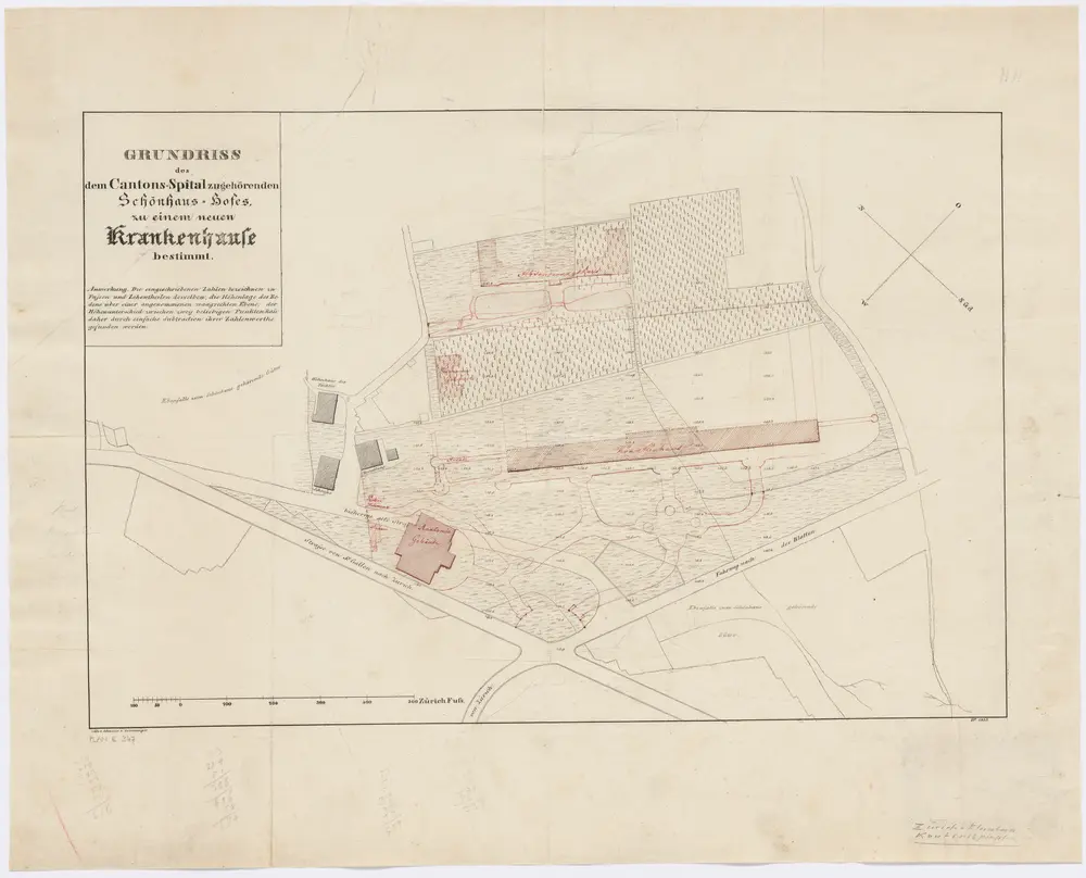Fluntern: Zum Kantonsspital Zürich gehörender Schönhaus-Hof, mit projektiertem Krankenhaus; Grundriss