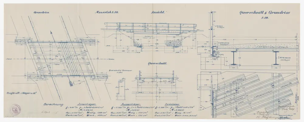 Gossau: Eiserne Balkenbrücke über den Schwobsbach; Seitenansicht, Grundriss und Querschnitte