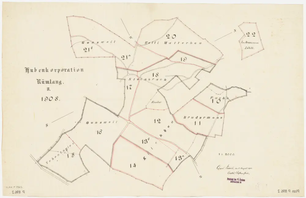 Rümlang: Hubengenossenschaftswaldungen: Gunzwil (Gonzweil), Uelimueterhau (Uelli Mutterhau), Chessler (Kessler), Steibruch (Steinbruch), Fuchs, Chilehau (Kilchhau), Bruedermoos (Brudermoos), Nebetsaglen (Nebentaglen), Chrummenlöli (Im krummen Lööli); Grundrisse (Nr. II)