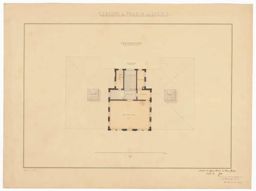 Universität Zürich und Kantonsschule, projektiertes Physik- und Chemiegebäude: 1. Stockwerk; Grundriss