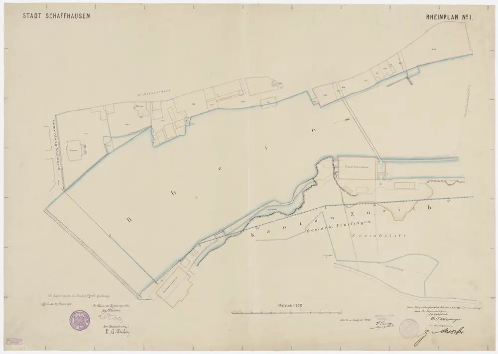 Grenze zwischen den Kantonen Zürich und Schaffhausen beim Rhein von Neuhausen SH bis Büsingen (Deutschland): Bei der Tonwarenfabrik und dem unteren Turbinenhaus; Grundriss (Nr. 1, Punkte 3 - 5 b)