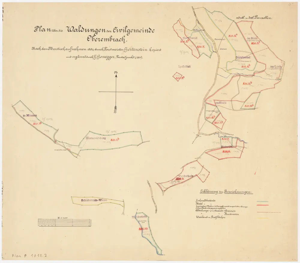 Oberembrach: Zivilgemeindewaldungen: Nordöstlicher und östlicher Teil mit Nachtweid, Igelhölzli, Böl (Im Bühl), Loch, Dürstental (Dürstenthal), Stutz, Holzrüti, Vorderholz, Müsen (In Mäusen), Hinterrüti (Hinterrütiberg), Mülistatt (Mühlestatt), Schüler (Schülerrain-Wiese); Grundrisse