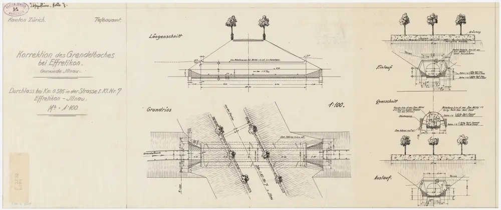 Illnau-Effretikon: Bei Effretikon, Grendelbachkorrektion, Durchlass; Grundriss, Längsschnitt und Querschnitte