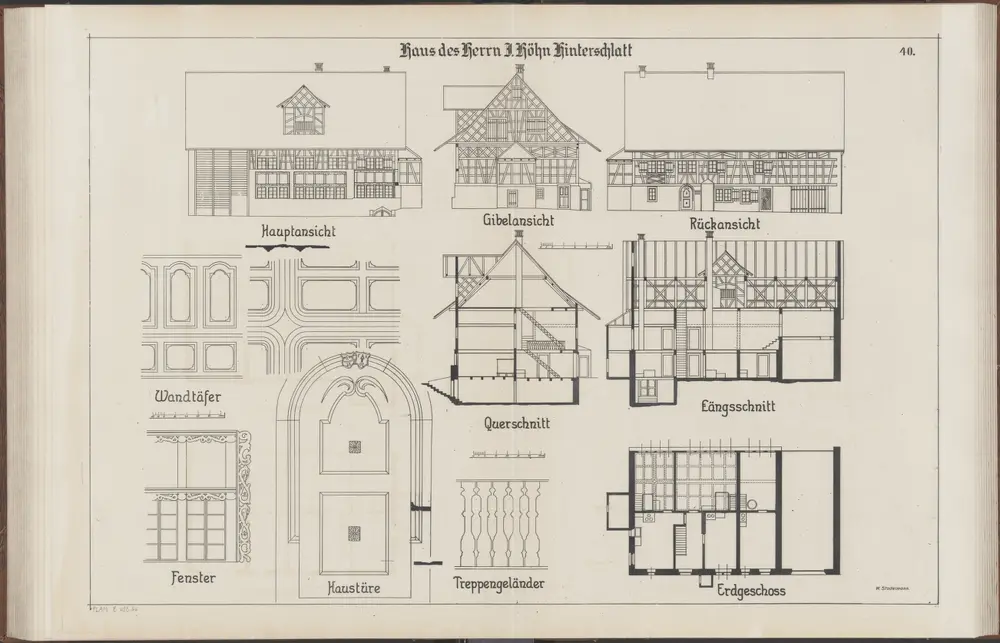 Das Bauernhaus im Kanton Zürich: Hombrechtikon: Haus von Herrn J. Höhn in Hinterschlatt; Ansichten, Grundriss und Querschnitt (Nr. 40)