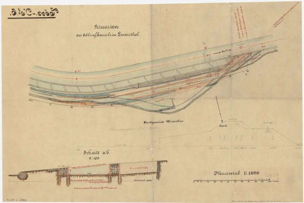 Kyburg, Winterthur: Töss bei Linsental, Ablaufkanal; Situationsplan und Querschnitt (Töss-No. 6)