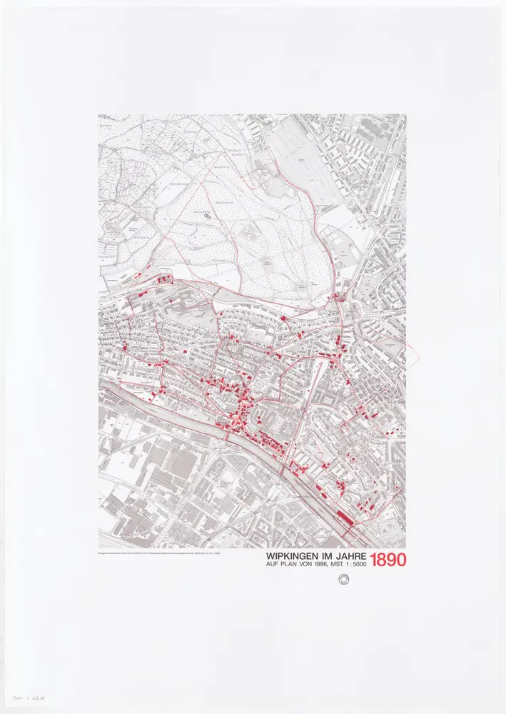 Historische Bauzustände der Zürcher Aussenquartiere in 48 Blättern: Wipkingen im Jahre 1890 auf einem Plan von 1986; Übersichtsplan