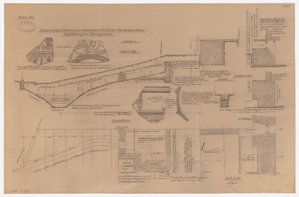 Oberwinterthur: Pfarrhausgarten, Erstellung der Kanalisation im Pfarrhausgelände, Ausgrabungsarbeiten am römischen Kastell; Grundriss und Querschnitte sowie Detailansichten von Scherben römischer Gefässe (Nr. 25)