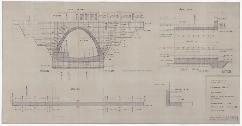 Kloten bis Bachenbülach: Himmelbach und Saumgraben, Verlegung und Eindolung, Element Nr. 72 (Einlaufelement): Armierungsplan; Grundriss, Ansicht und Längsschnitt