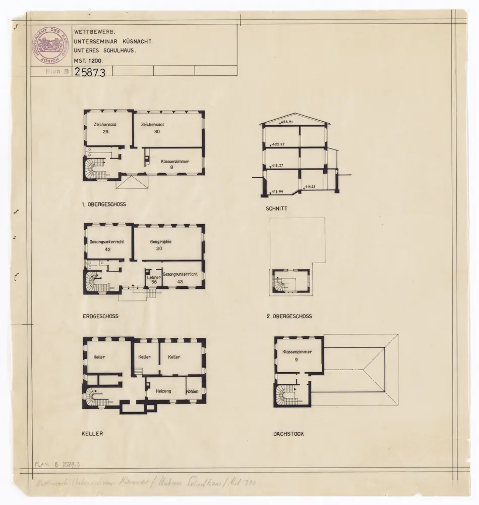 Küsnacht: Unterseminar, Wettbewerb: Unteres Schulhaus, Geschosse; Grundrisse und Schnitt
