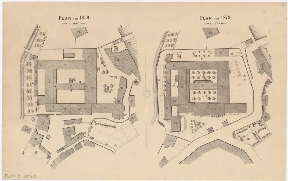 Kantonale Strafanstalt Oetenbach: Übersichtspläne von 1859 und 1878 zum Schlussbericht über den Um- und Ausbau der Strafanstalt des Kantons Zürich: Übersichtspläne von 1859 und 1878