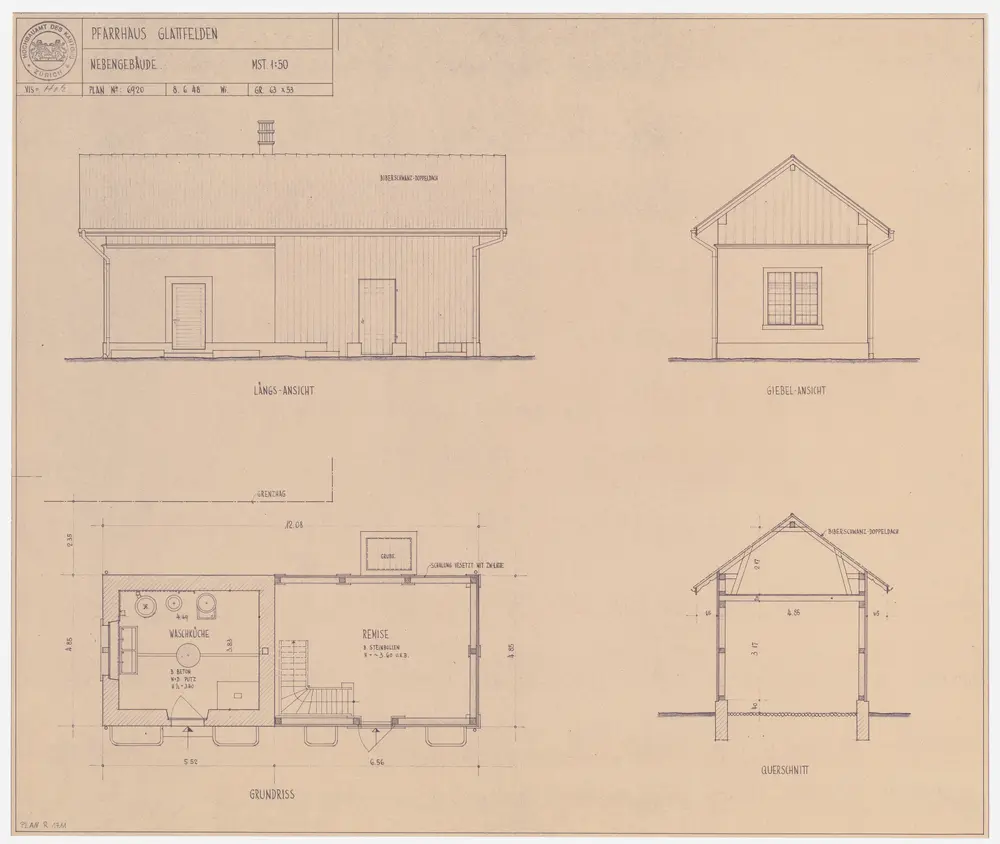 Glattfelden: Nebengebäude; Grundriss, Ansichten und Querschnitt