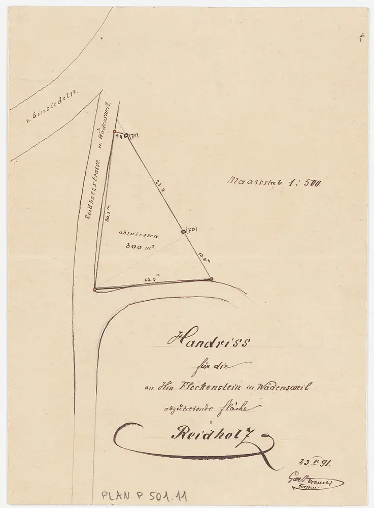 Schönenberg, Richterswil, Wädenswil: Staatswaldungen: Wädenswil: An Herrn Fleckenstein in Wädenswil abzutretende Fläche im Reidholz; Grundriss