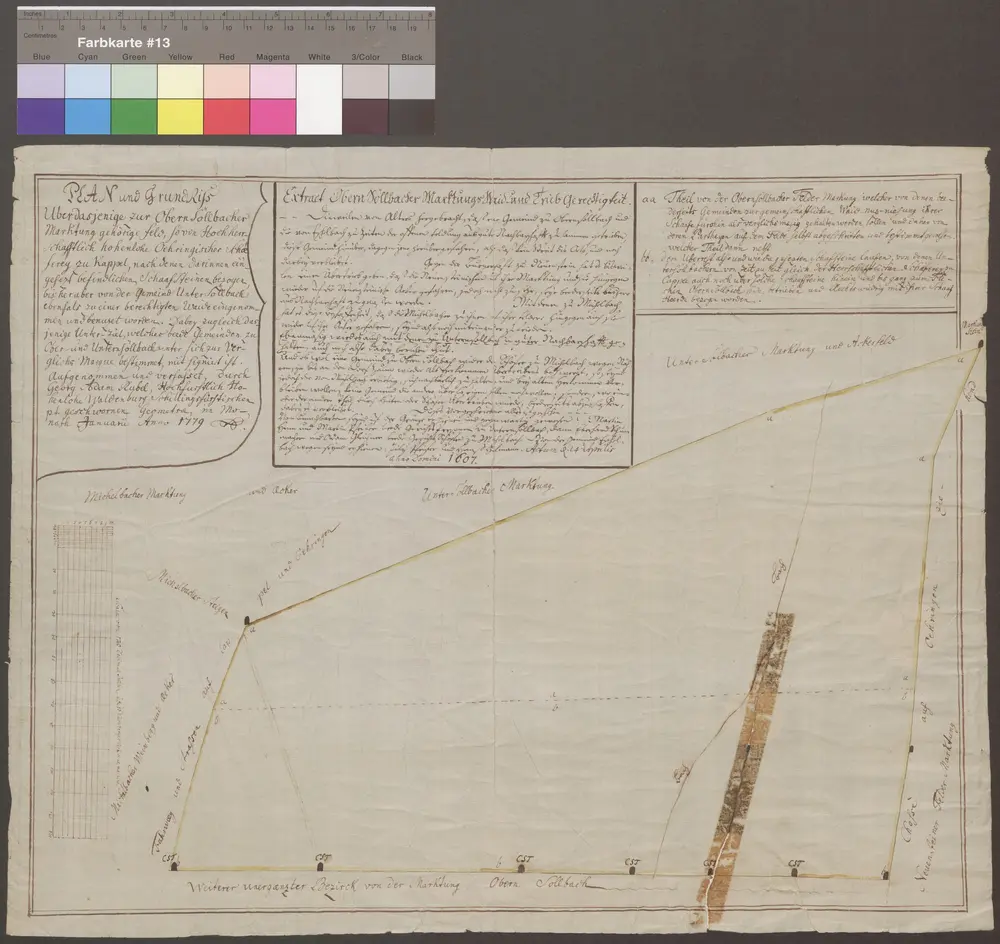 HZAN GA 100_Nr. 322_ : Obersöllbach (Kr. Öhringen); "Plan und Grundriß über dasjenige zu Obersöllbacher Markung gehörige Feld, so von der Hohenlohe-Öhringischen Schäferei zu Cappel nach den darin befindlichen Schaf ... bezogen, bisher aber von der Gemeinde Untersöllbach ebenfalls zu einer Weide benutzt worden";Georg Adam Rübel, Hohenlohe-Waldenburgischer Geometer;140 Dezimalruten, jede 16 Nürnberger Werkschuh machend = 15,2 cm;45 x 35,5 cm;Papier; Federzeichnung; Grenze farbig behandelt; Mitte oben Abschrift aus der Obersöllbacher Markungs-, Weid- und Treibsgerechtigkeit von 1607.