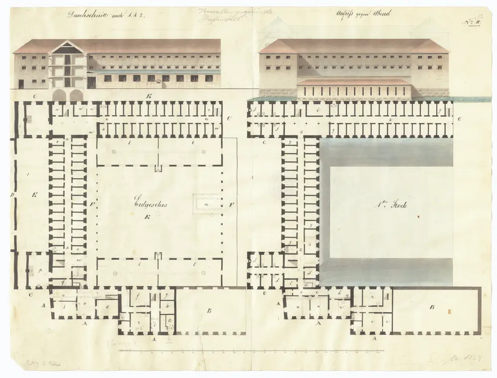 Kantonale Strafanstalt, projektierter Umbau des Klosters Oetenbach: Verwaltungsgebäude und Zuchthaus; Ansichten und Grundrisse