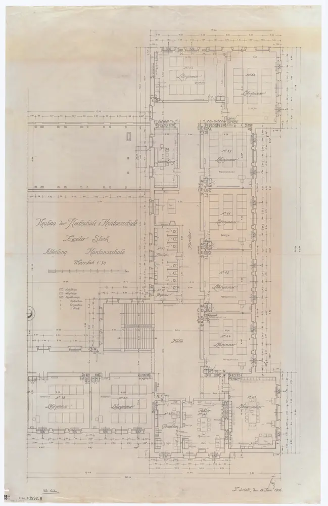 Universität Zürich (Chemisches Institut) und Kantonsschule Zürich, Neubau Rämistrasse 76: Grundrisse: Abteilung Kantonsschule, 2.Stock; Grundriss