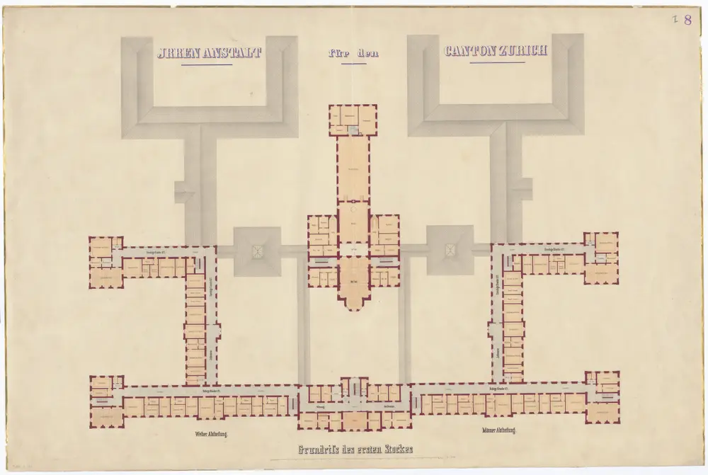 Projektierte Irrenanstalt Burghölzli: 1. Stock; Grundriss