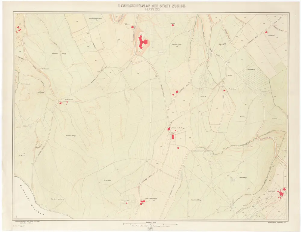 Übersichtsplan der Stadt Zürich und der umliegenden Gemeinden in 23 Blättern: Blatt XXI: Teile von Hirslanden, Hottingen und Fluntern