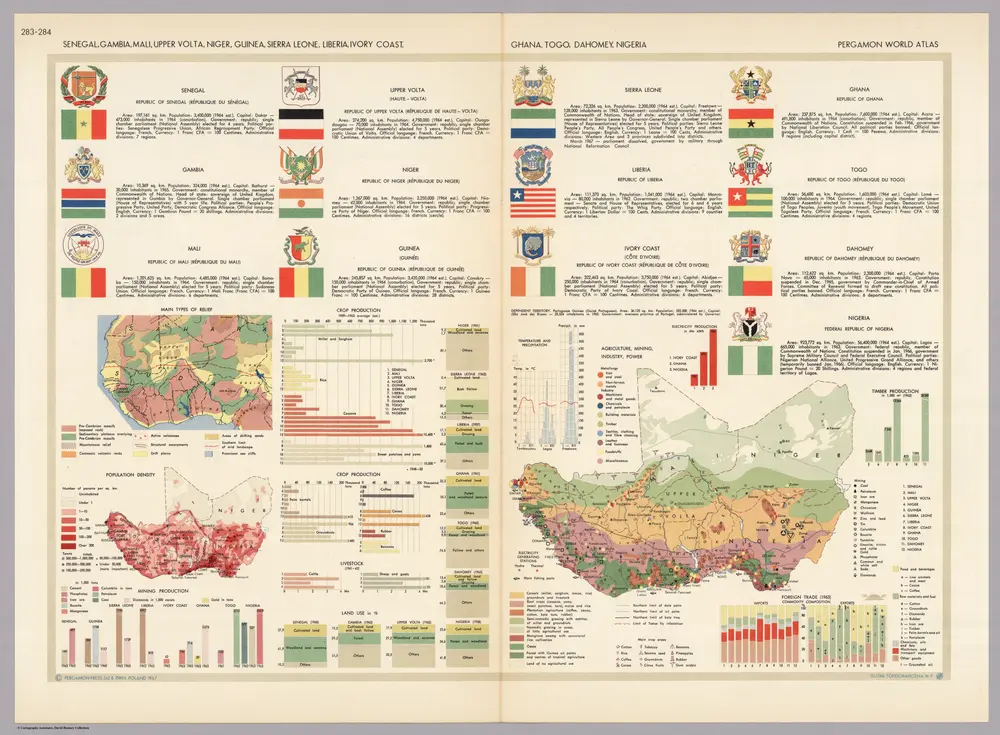 Senegal, Gambia, Mali, Upper Volta, Niger, Guinea, Sierra Leone, Liberia, Ivory Coast.  Ghana, Togo, Dahomey, Nigeria.  Pergamon World Atlas.