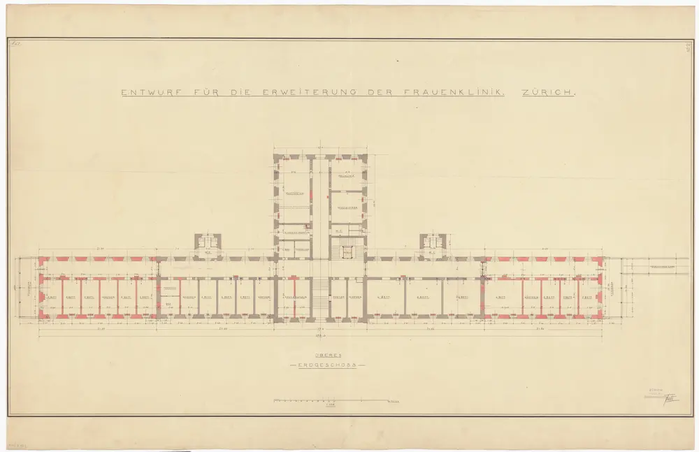 Frauenklinik Zürich: Entwurf für die Erweiterung, oberes Erdgeschoss; Grundriss