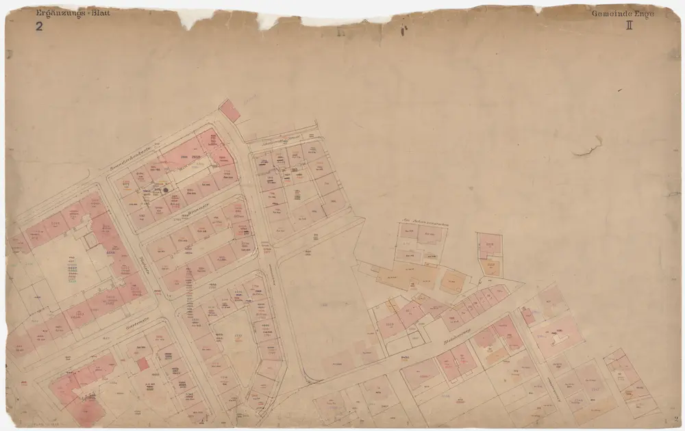 Enge: Gemeinde; Katasterpläne und Kataster-Ergänzungspläne: Ergänzungsblatt II: Gegend bei Brandschenkestrasse, Tödistrasse, Stockerstrasse, Gartenstrasse, Bleicherweg und Claridenstrasse; Situationsplan