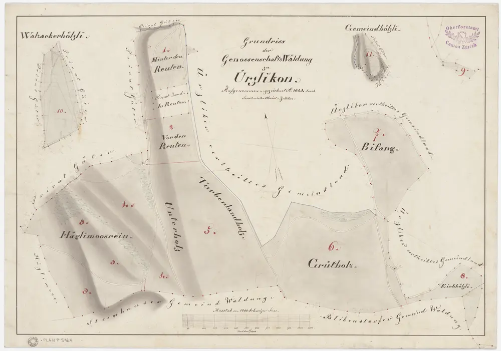 Kappel am Albis: Lehen- und Genossenschaftswaldungen Uerzlikon: Genossenschaftswaldungen Häglimoosrain, Unterholz, Turbenlandholz, Grütholz (Greutholz), Bifang, Eichhölzli, Gemeindhölzli, Wolfacherhölzli (Walzackerhölzli), Turpenland, Rüti (Reuten); Grundrisse