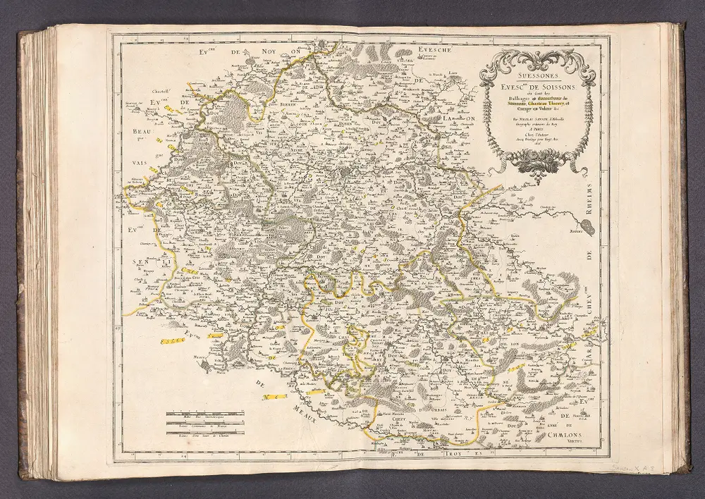 Suessones -- Evesche de Soissons ou sont les Balliages et Eslections de Soissons, Chasteau Thierry, et Crespy en Valois &c.  .