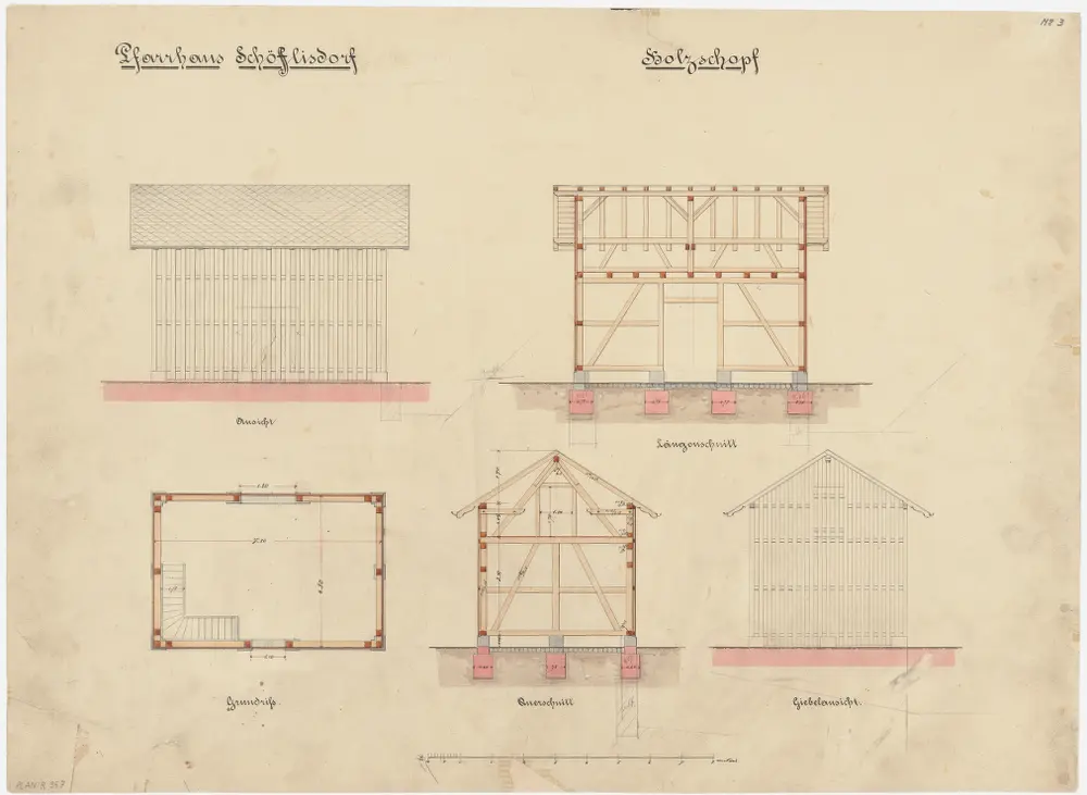 Schöfflisdorf: Holzschuppen; Grundriss, Ansichten, Längs- und Querschnitt (Nr. 3)