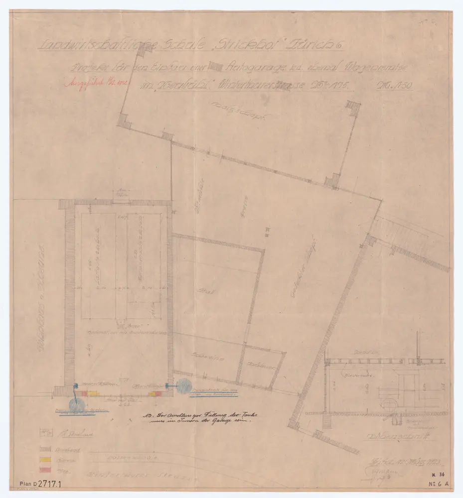 Neubühl, Landwirtschaftliche Schule Strickhof: Projektierter Umbau der ehemaligen Wagenremise in eine Autogarage: Benzintanks; Grundriss und Schnitt