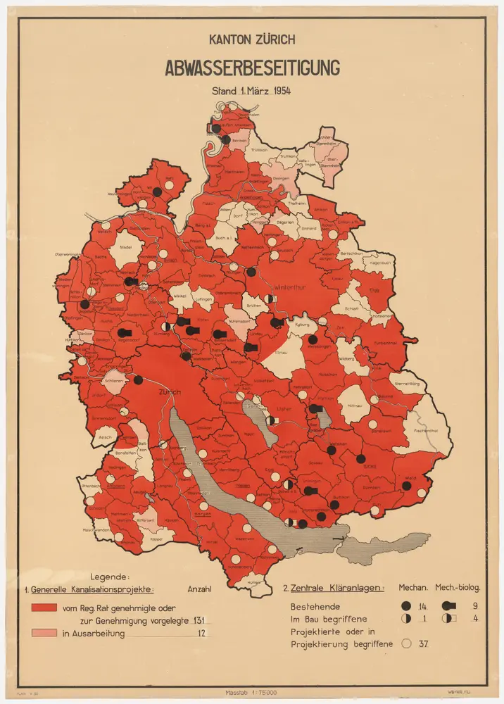 Kanton Zürich: Bestehende und projektierte Kanalisationen und Abwasserreinigungsanlagen, Zustand 01.03.1954; Übersichtskarte