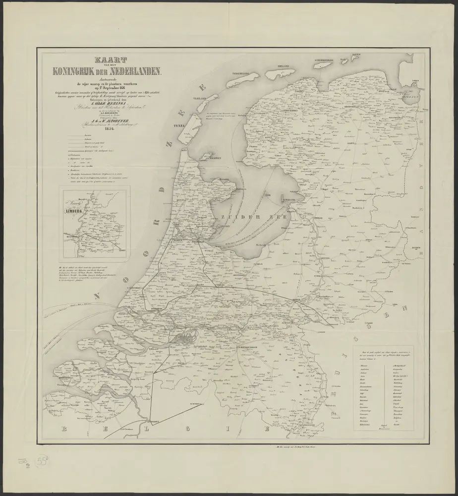 Kaart van het Koningrijk der Nederlanden : aantoonende de wijze waarop en de plaatsen waarheen op 1e September 1856 briefpakketten worden verzonden of briefbestelling wordt verrigt op kosten van 's Rijks schatkist, benevens opgave waar op dat tijdstip E.M. telegraaf kantoren geopend waren