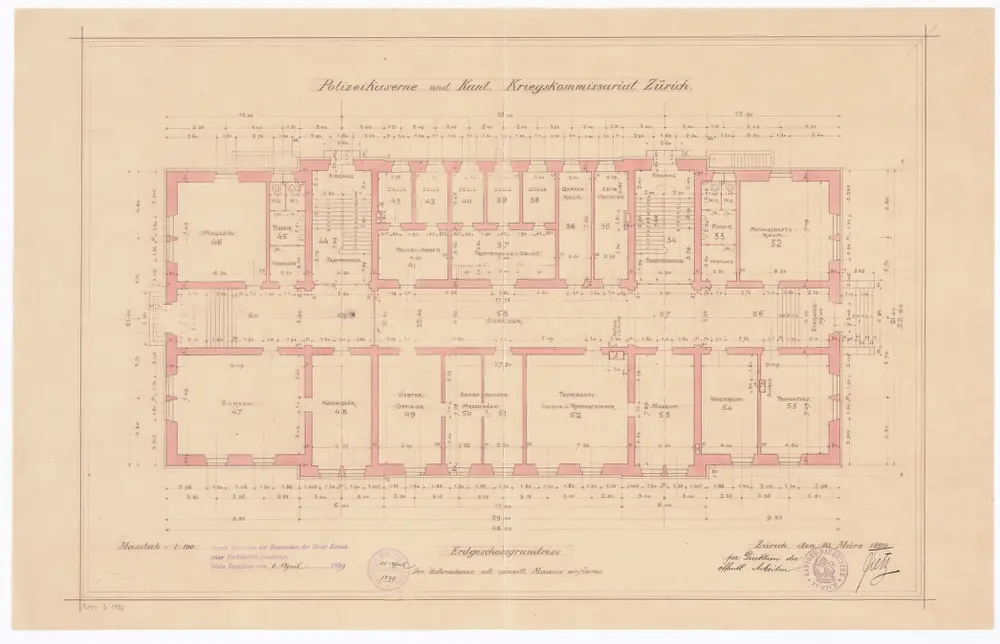 Polizeikaserne und kantonales Kriegskommissariat: Erdgeschoss; Grundriss