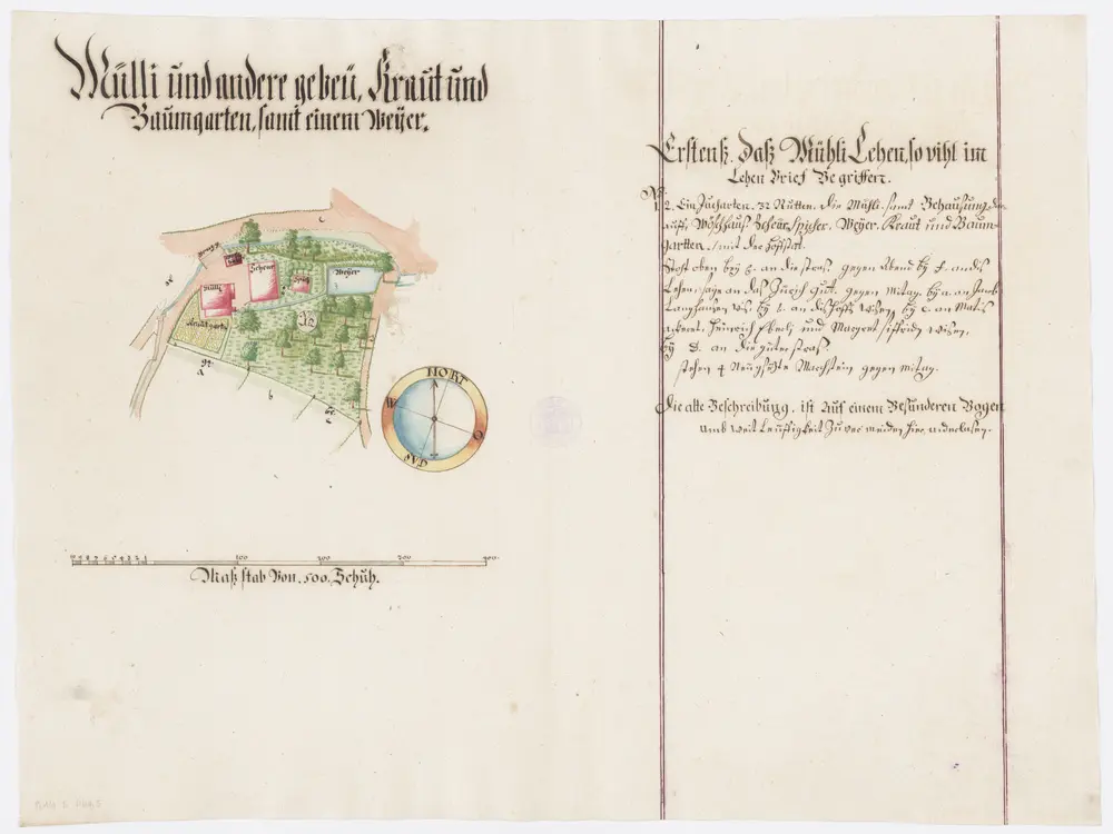 Nussbaumen TG: Lehen und Güter: Mühle und andere Gebäude mit Kraut- und Baumgarten samt einem Weiher; Grundriss