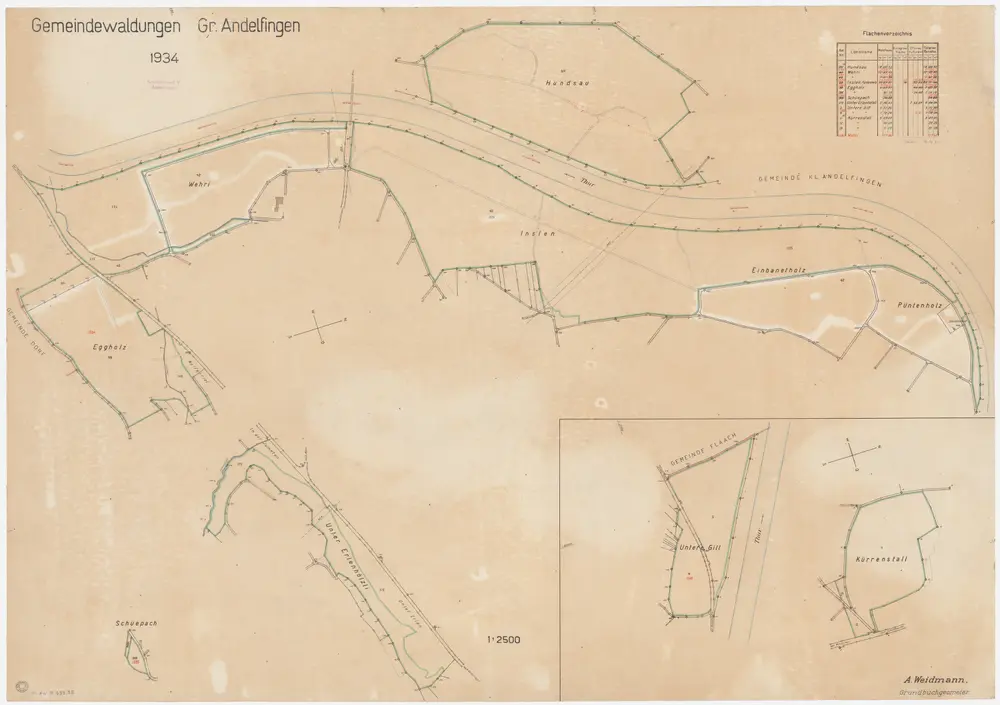 Andelfingen (damals Grossandelfingen): Gemeindewaldung: Gill, Chürenstall (Kürrenstall), Erlenhölzli, Egg, Wehri, Inslen, Hundsau, Einbannetholz, Püntenholz, Schüepbach; Grundrisse