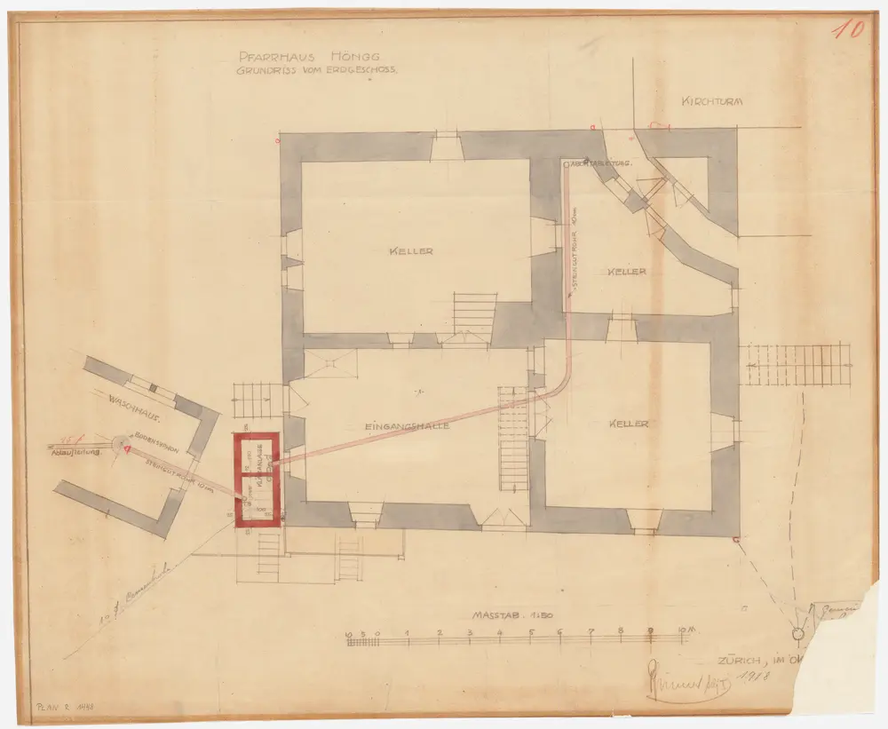 Höngg: Pfarrhaus, Erdgeschoss mit Abwasserleitung und Klärgrube; Grundriss (Nr. 10)