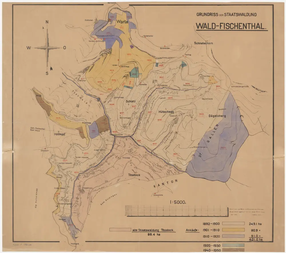 Wald, Fischenthal, Goldingen SG: Waldungen: Wald, Fischenthal: Staatswaldungen Warten, Schürli, Hübschegg, Dägelsberg, Tösswald, Hüttkopf, Vorderhessen, Hinterhessen, Momilchgubel (Mondmilchgubel), Tössstock, Väsperrous (Vesperruns); Grundriss