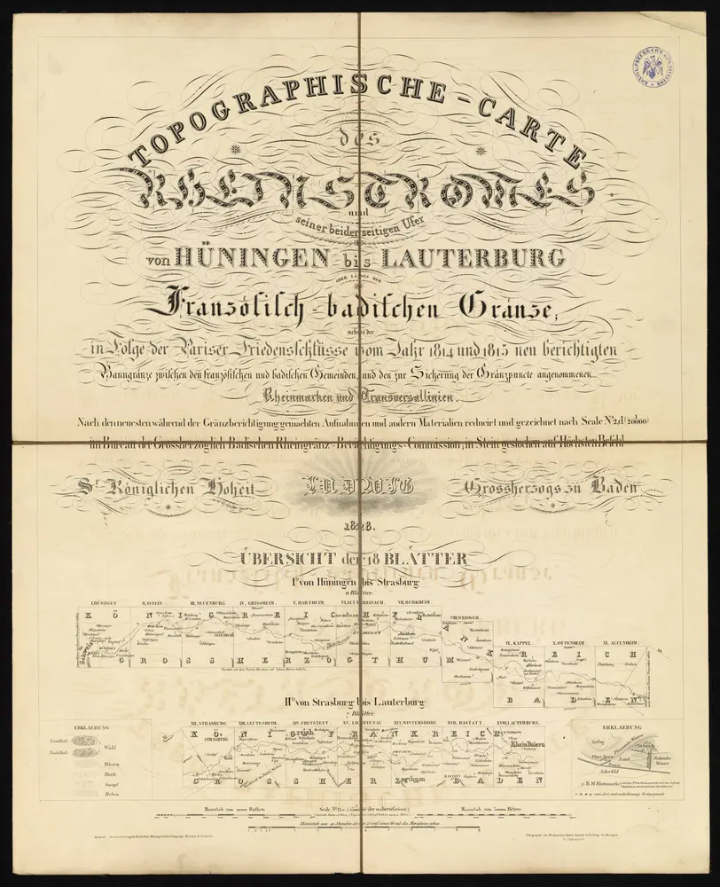 HStAS N 100_Nr. 325_ : "Topographische - Carte des Rheinstromes und seiner beiderseitigen Ufer von Hüningen bis Lauterburg oder längs der französisch-badischen Gränze; nebst der in Folge der Pariser Friedensschlüsse vom Jahr 1814 und 1815 neu berichtigten Banngränzen zwischen den französischen und badischen Gemeinden und den zur Sicherung der Gränzpuncte angenommenen Rheinmarken und Transversallinien. Nach den neuesten während der Gränzberichtigung gemachten Aufnahmen und andern Materialien reducirt und gezeichnet nach Scale No. 2, d (1:20000) im Bureau der Grossherzoglich Badischen Rheingränz-Berichtigungs-Commission"